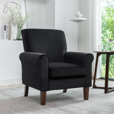 Fauteuil à accoudoirs roulés traditionnel, structure en bois de bouleau massif avec pieds fuselés bruns, chaise rembourrée en mélange de polyester avec siège rembourré de mousse pour le bureau du salon
