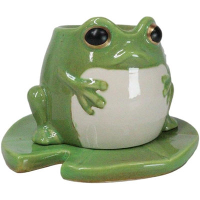 Whimsical Green Toad Frog On Lily Pad Ceramic Essential Oil Warmer Candle Holder