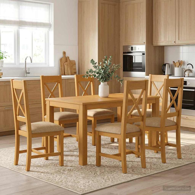 6 -Person Oak Solid Wood Dining Set, 75cm H x 150cm W x 85cm D