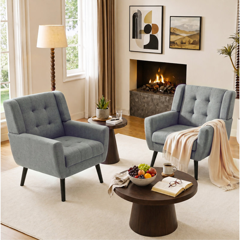 Tufted Upholstered Wide Back Armchair（Set of 2）, Light Gray Linen Blend