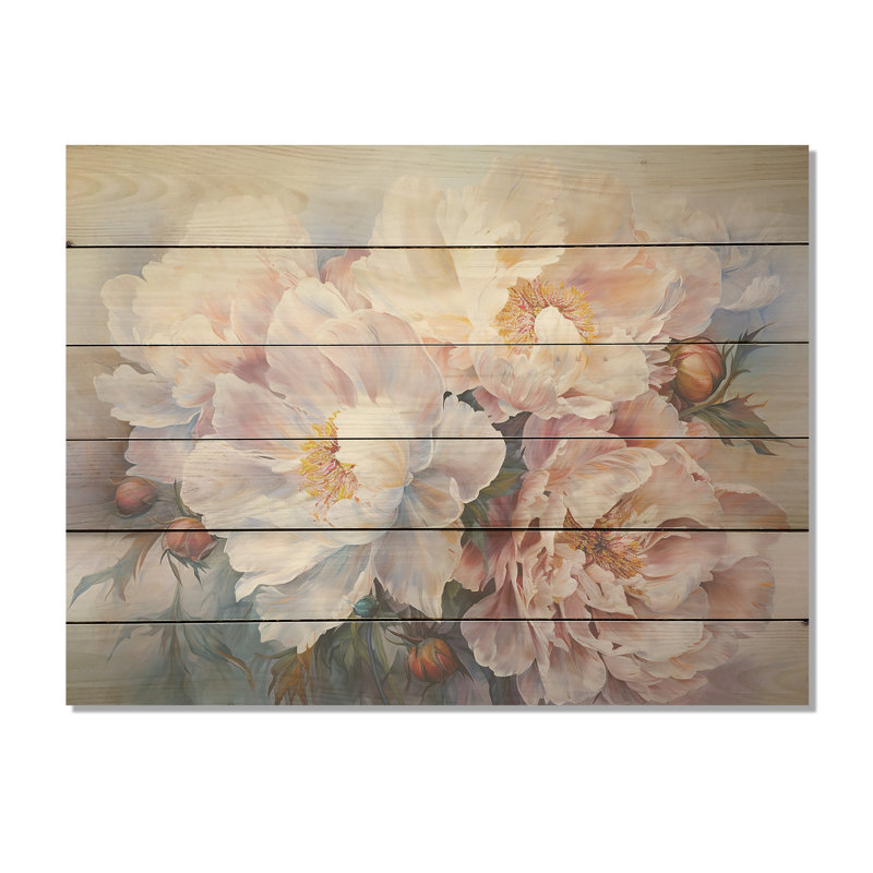 Charme de pivoines roses et blanches - Art mural en bois de pivoines sur bois de pin naturel, H 24 po x l 32 po