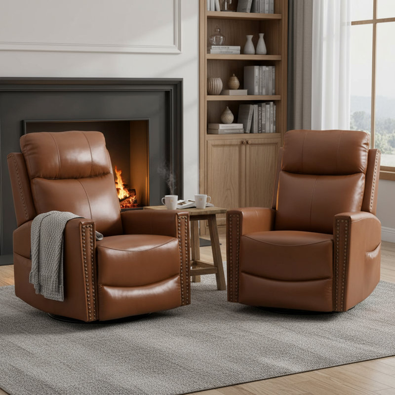 30.5 "W Manual Genuine Leather Swivel Rocker Recliner Vintage Recliner With Heated Massage（set of 2), Brown