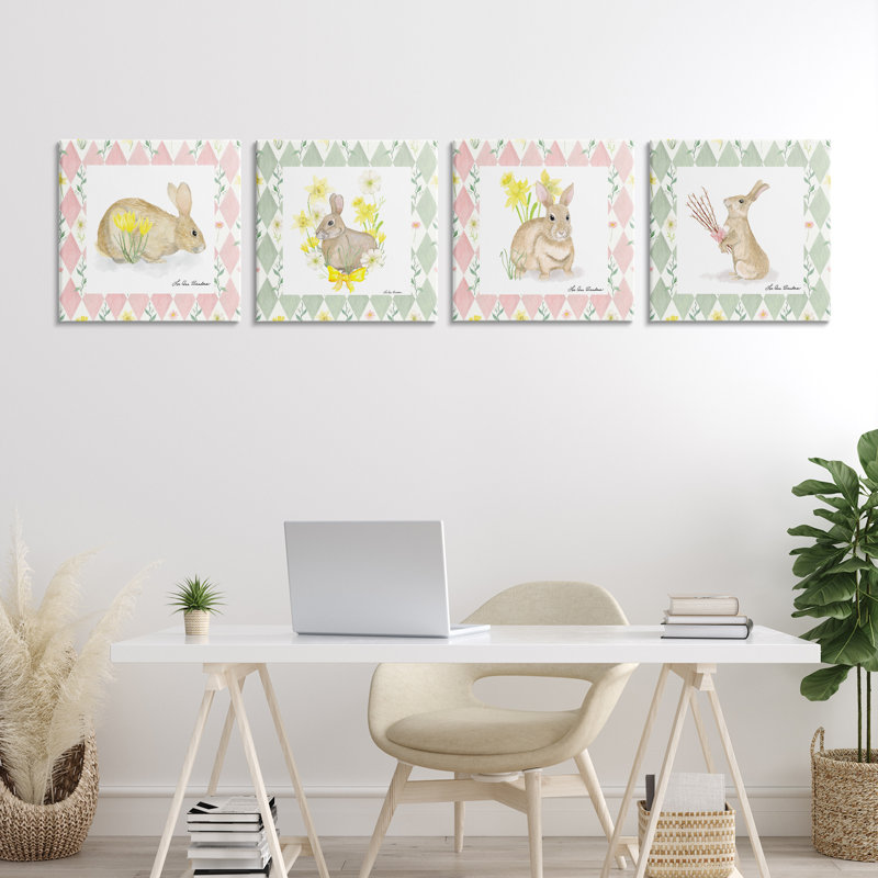 Spring Bunnies on Argyle, ensemble de 4 toiles, par Lee Ann Sanders