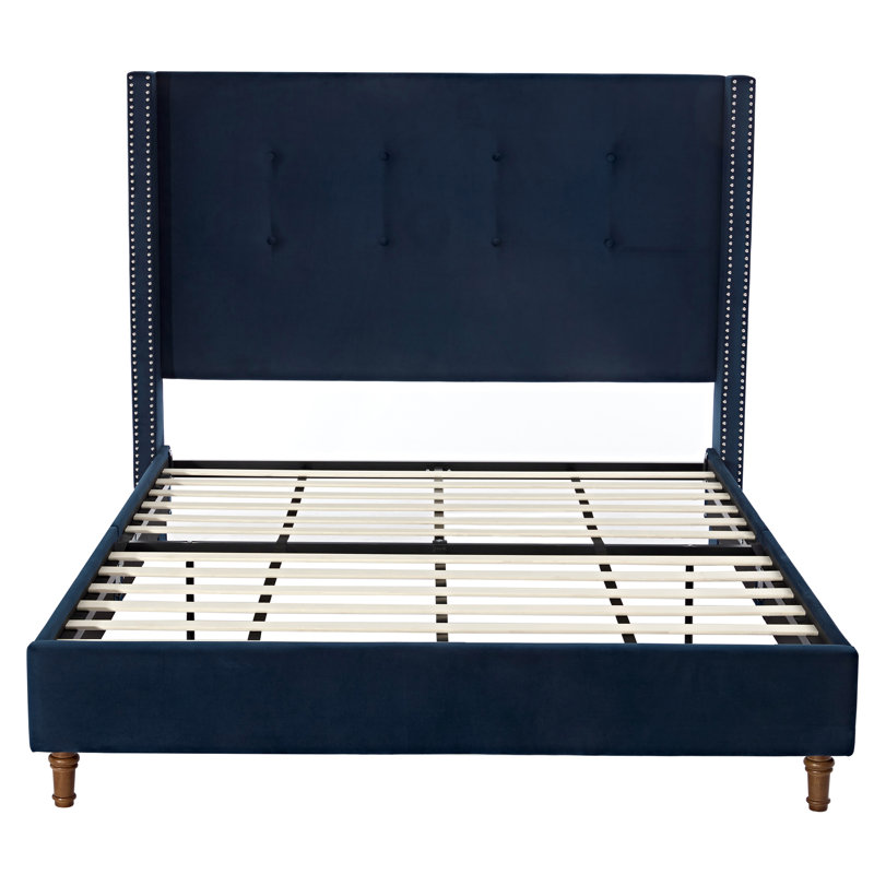 Peyton Upholstered Queen Bed with 54" Tall Tufted Headboard, Nailhead Trim Wingback, No Box Spring Needed, Blue Velvet, Blue