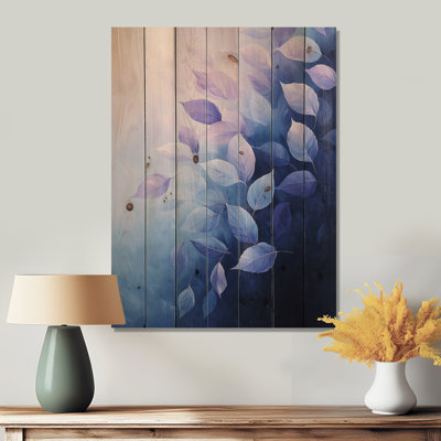 Feuilles flottantes à l'encre mauve rivière I - décoration murale en bois de feuilles - sur bois de pin naturel