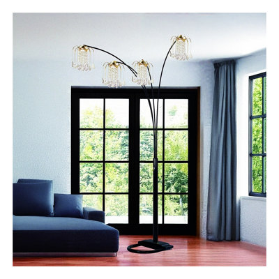Black Gold 4-Head Crystal Arched Floor Lamp with Adjustable Arms - Elegant Lighting Fixture for Living Room & Bedroom