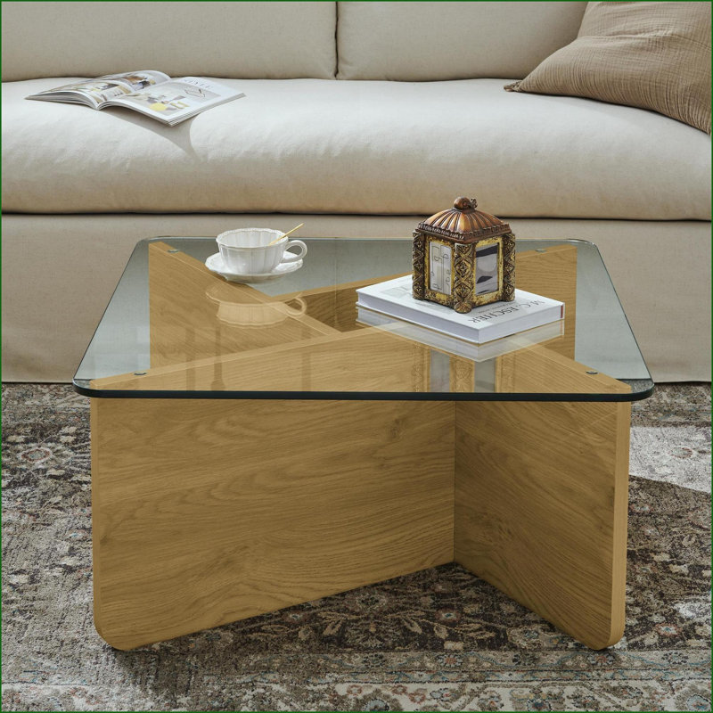 Table basse Mid-Century moderne en verre trempé, plateau carré facile à nettoyer de 31,5 pouces pour le salon