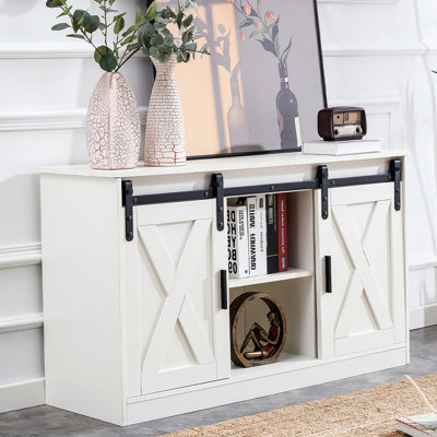 47"" Farmhouse TV Stand with Sliding Barn Doors, Fit up to 55"" TVs with, Entertainment Center Table -  Gracie Oaks, 815ECC3DFA2F4F6E93845AD51F471267