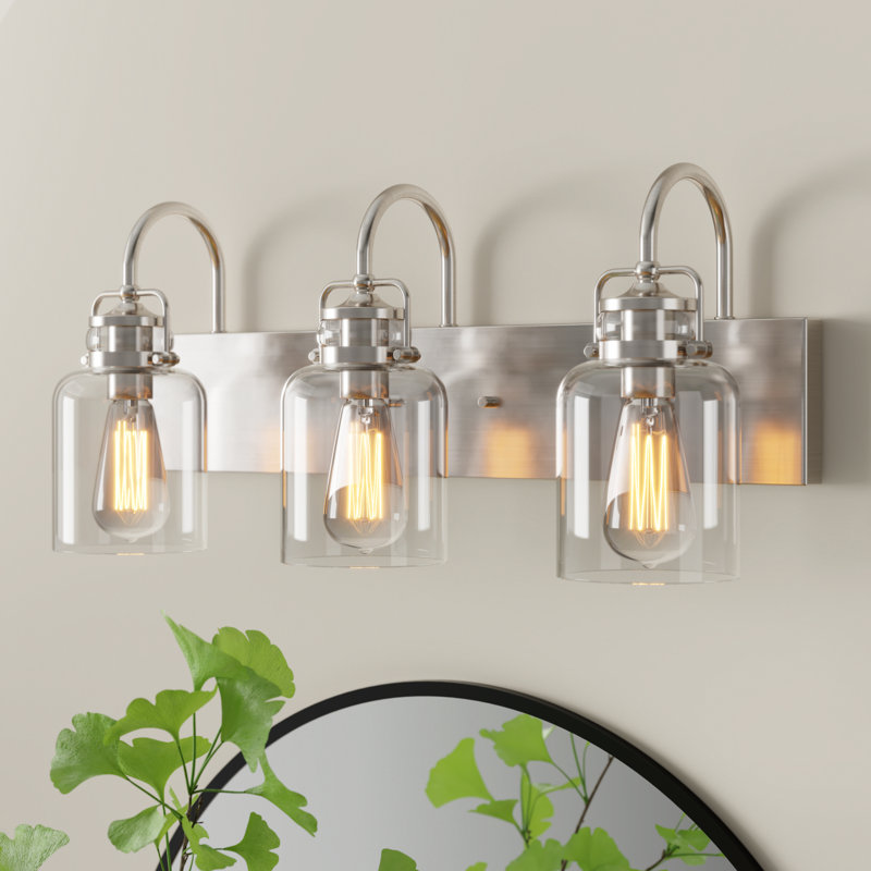Loucks 24 in. 3-Light Farmhouse Dimmable Vanity Light with Clear Glass Shade, Brushed Nickel
