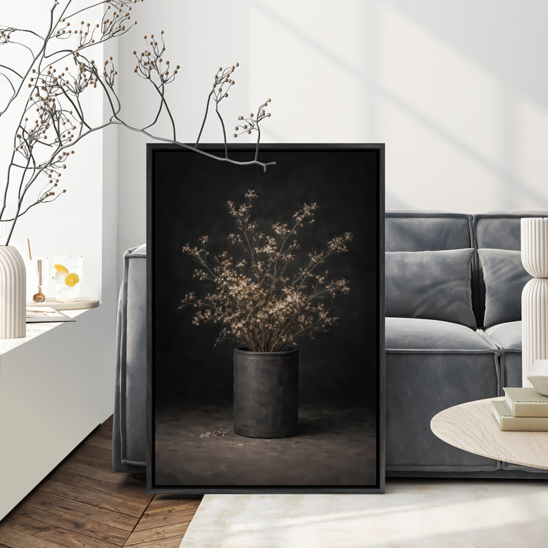 Fleurs séchées dans un vase noir, impression encadrée, 36" H x 24" W, Noir