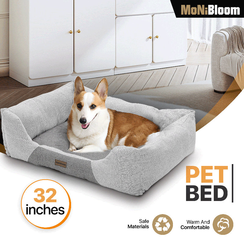 Large Light Gray Linen-Feel Rectangular Dog Bed with Raised Sides