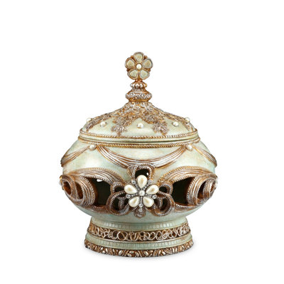 Boîte à bijoux décorative vintage en polyrésine or rose avec couvercle floral et accents de fausses pierres précieuses