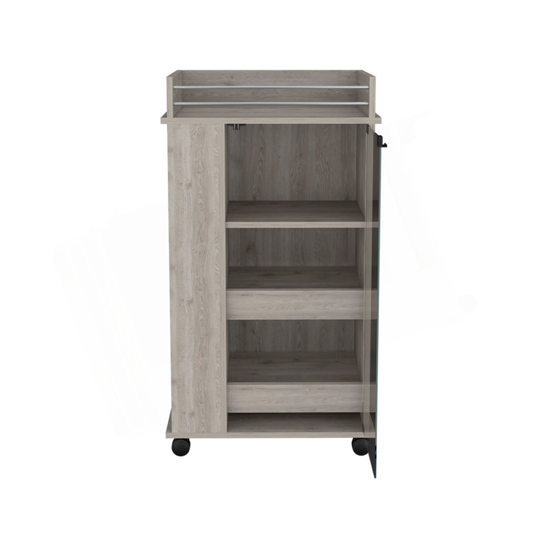 Bar Cart With Glass Door, 2-Side Shelves And Casters, Gray