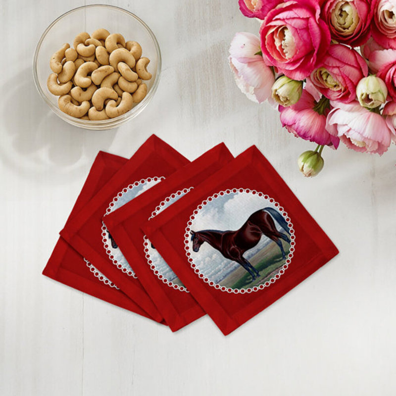 English Thoroghbred Cotton Sateen Cocktail Napkins, Red