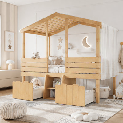 Twin House Low Loft Bed with Storage Stairs & 2 Drawers, Farmhouse Style