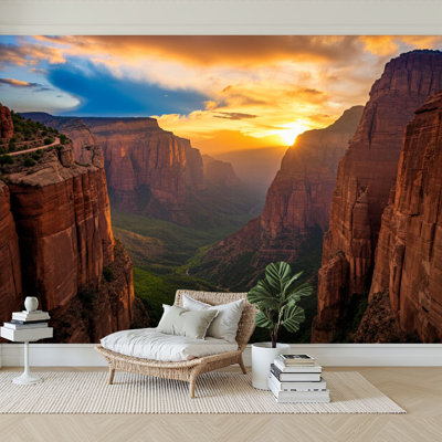 Papier peint 3D Soleil couchant Canyon de Zion Parc national de Zion Utah Adhésif mural auto-adhésif pour chambre à coucher Salon Dortoir Décoration murale Plafonnier