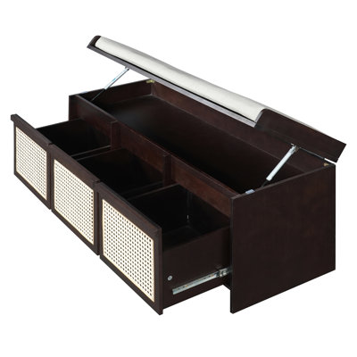 48" Entryway Shoe Bench, Retro Storage Bench with Rattan Drawers & Removable Button‑Tufted Upholstered Cushion for Living Room, Hallway, Foyer, Stair