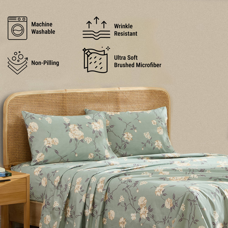 HLC.ME Vintage Green Floral Bed Sheets - Wrinkle Resistant & Ultra Soft - Fits Mattresses up to 15 Inches Deep