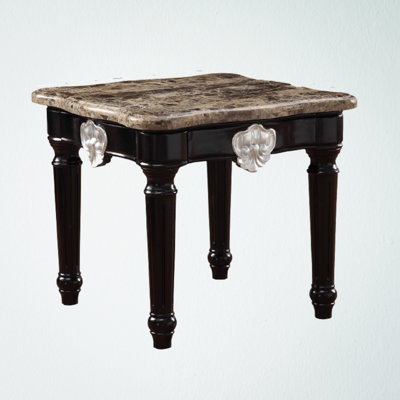 Elegant Trefann Natural Marble Top End Table – Black Base with Turned Wooden Legs and Carved Motifs for Living Room