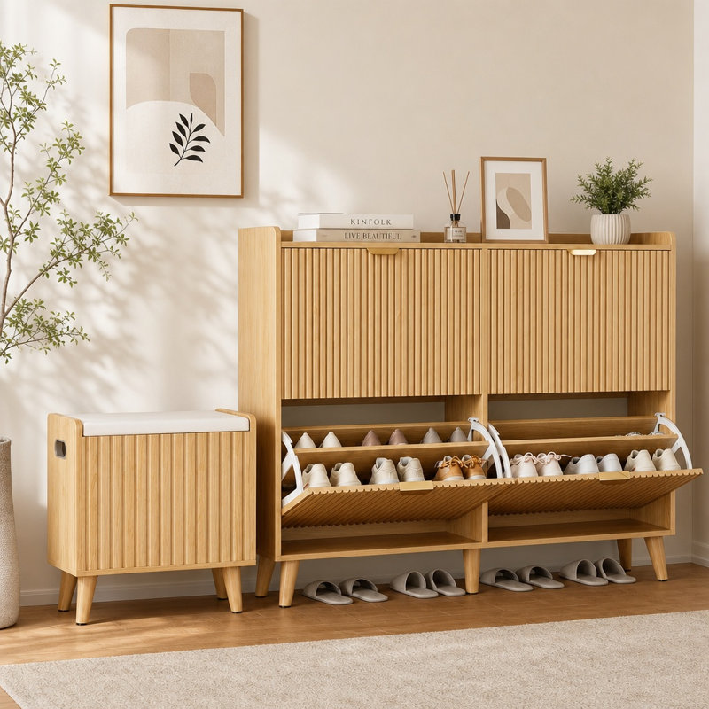 Armoire à chaussures étroite cannelée avec tiroirs rabattables et banc d'entrée, 4 Flip Drawers and Bench
