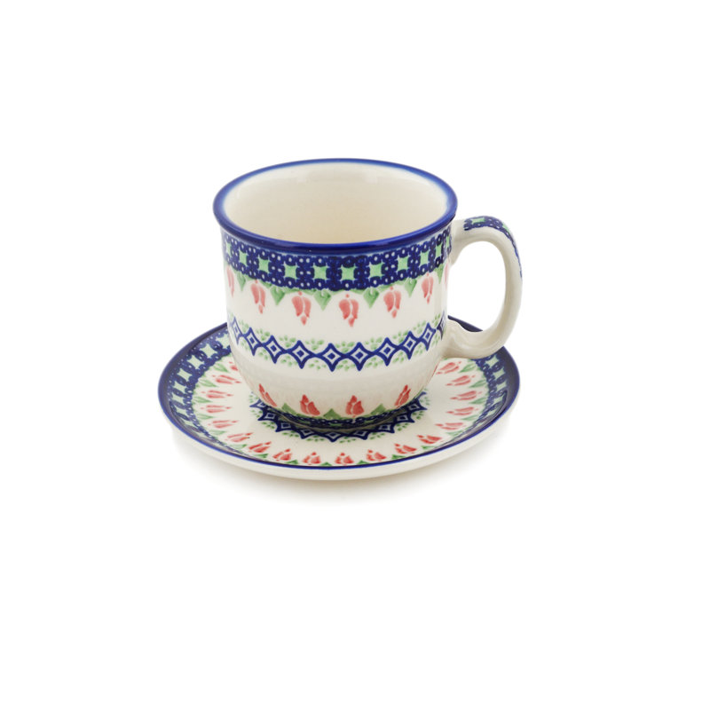 Tasse à thé et soucoupe Polish anneau de fleurs, Tulipes et losanges