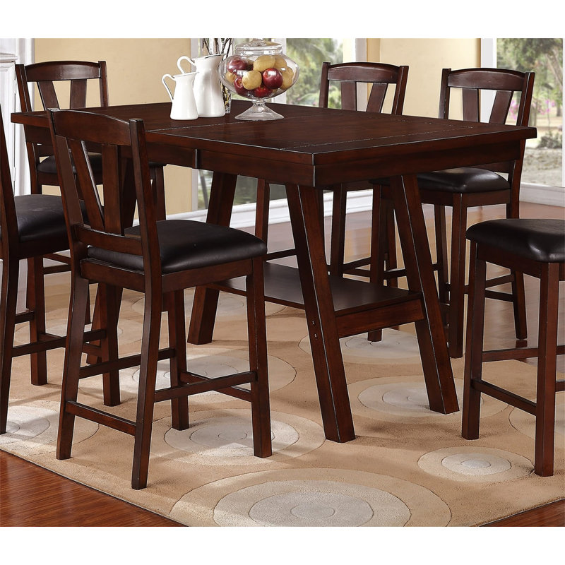 Walnut Finish Counter Height Dining Table with 6 High Chairs