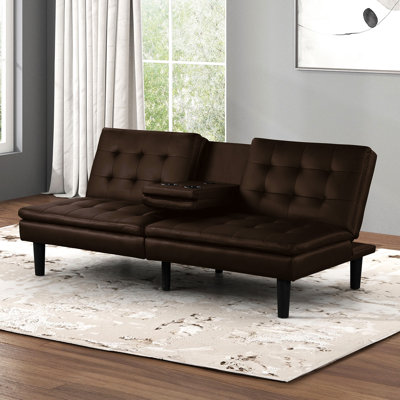 Brown Contemporary Futon Bed, Biscuit - For Style, Converts To Bed With A And C Chargers Drop Down Table Cup Holders Tufting Features Ports