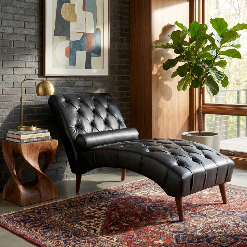 Chaise longue moderne rembourrée pour le salon, Similicuir noir