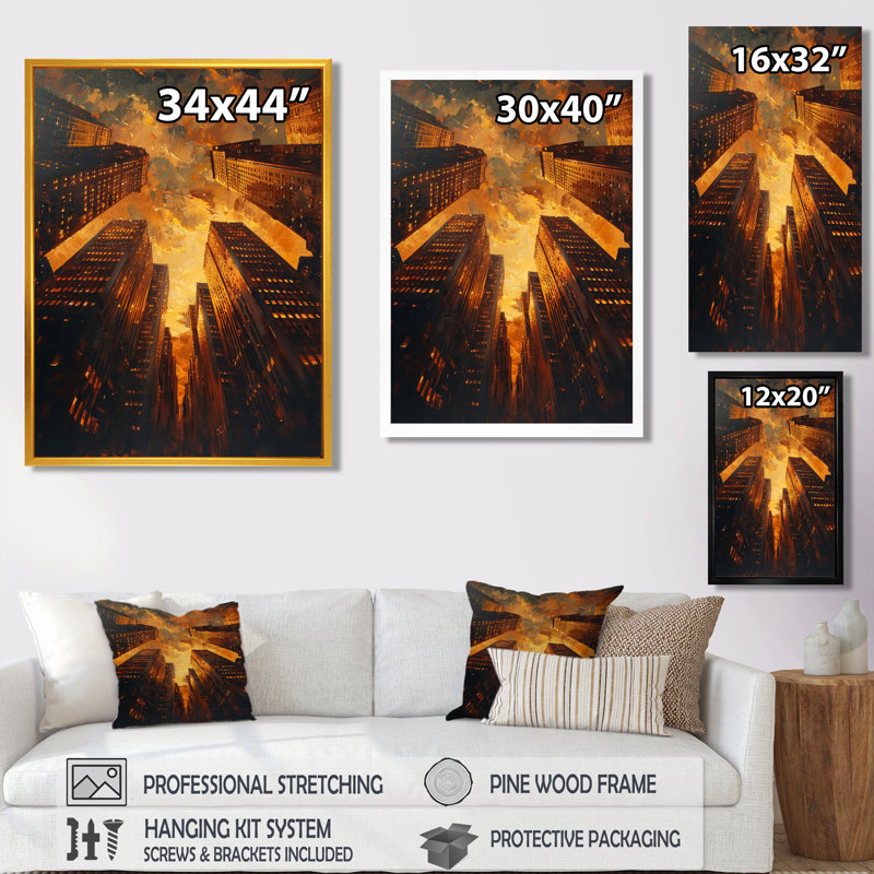 «Golden Perspective Skyscrapers Symphony II», impression d'art mural gratte-ciel, Toile tendue, H 24 po x l 32 po