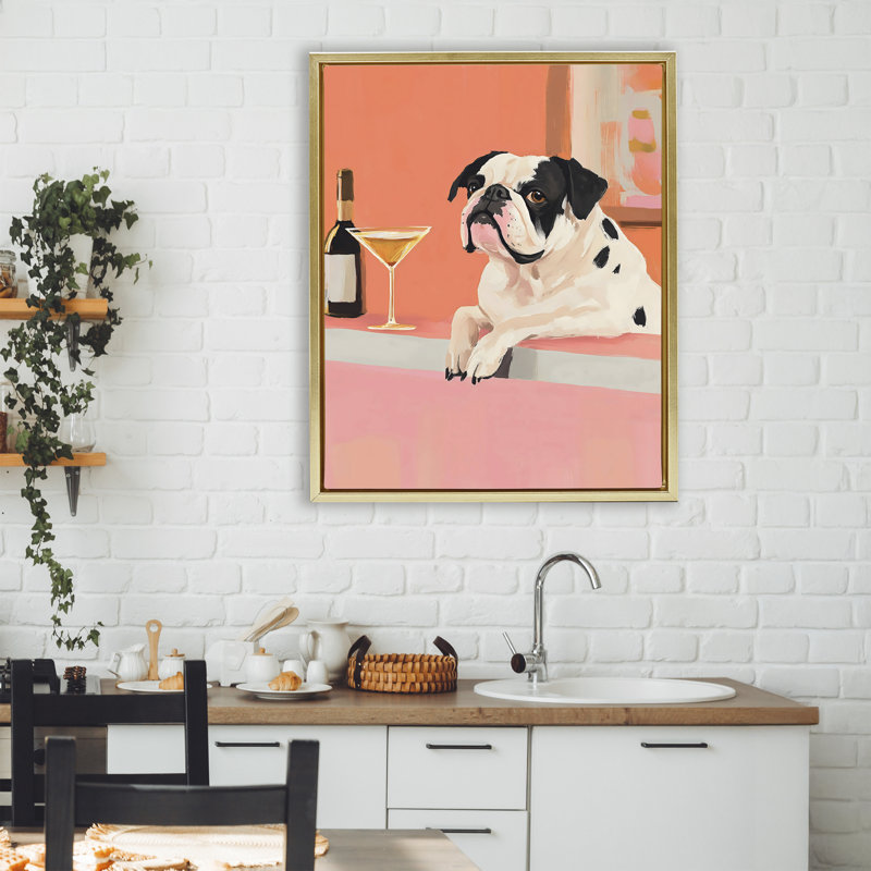 Cadre flottant Bulldog at Martini Lounge, design par The Prints Vibe, 31 x 25, Cadre flottant métallique doré