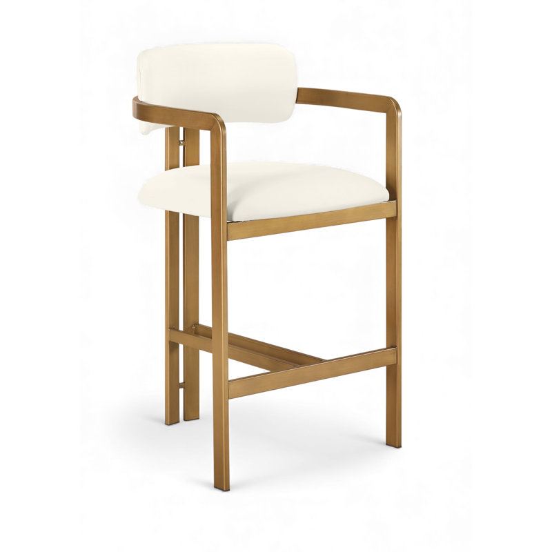 Tabouret de comptoir Asenath, Laiton brossé, Crème végétalien en cuir