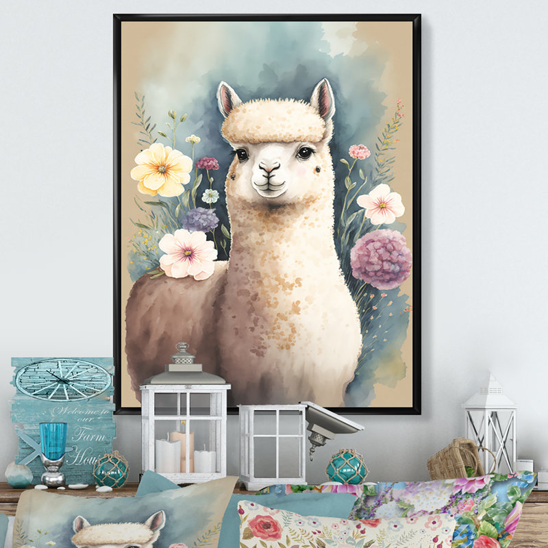 «Flower Alpaca Watercolor V», reproduction sur toile, H 32 po x l 24 po x P 1 po, Toile avec cadre flottant noir