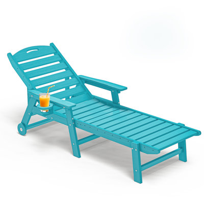 HDPE Outdoor Chaise Lounge Chair – 5-Position Adjustable Recliner with Wheels & Cup Holder, All-Weather Patio Lounger for Poolside, Garden, Beach