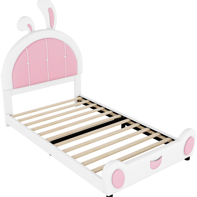 Lit plateforme simple avec tête de lit en forme de lapin - revêtement coloré facile à assembler blanc et rose