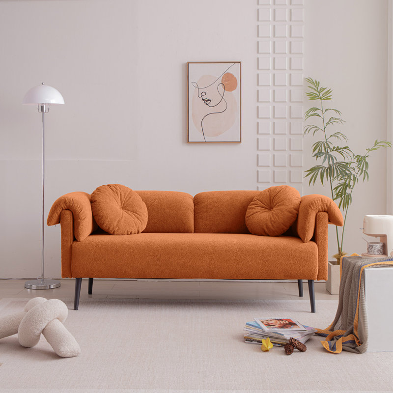 68.5" Modern Sofa With Decorative Throw Pillows, Brown Faux Lamb Wool