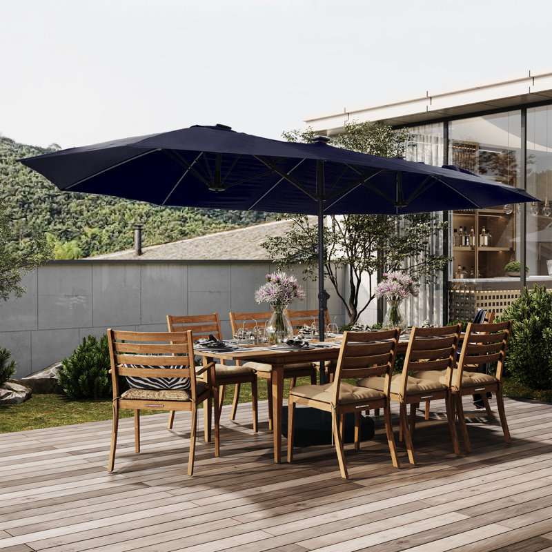 Parasol de marché rectangulaire illuminé avec base Nyele 180 po x 108 po, Bleu marine