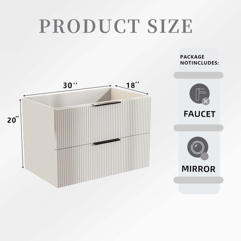 Meuble-lavabo flottant mural moderne avec lavabo en céramique, panneau cannelé et rangement de tiroir, Antique Grey, 30"