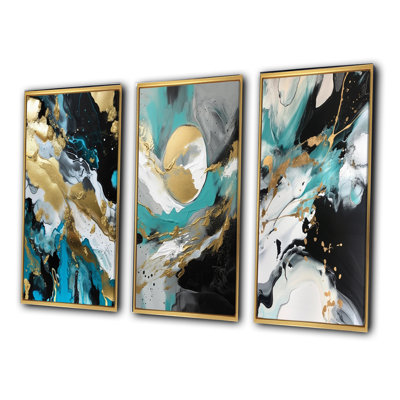 Full Moon Happiness Gold & Turquoise Abstract - Abstract Painting Art Set Of 3 Pieces