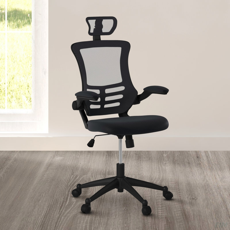 Fauteuil de direction moderne haut dossier en filet avec appui-tête et accoudoirs rabattables Techni Mobile, Noir