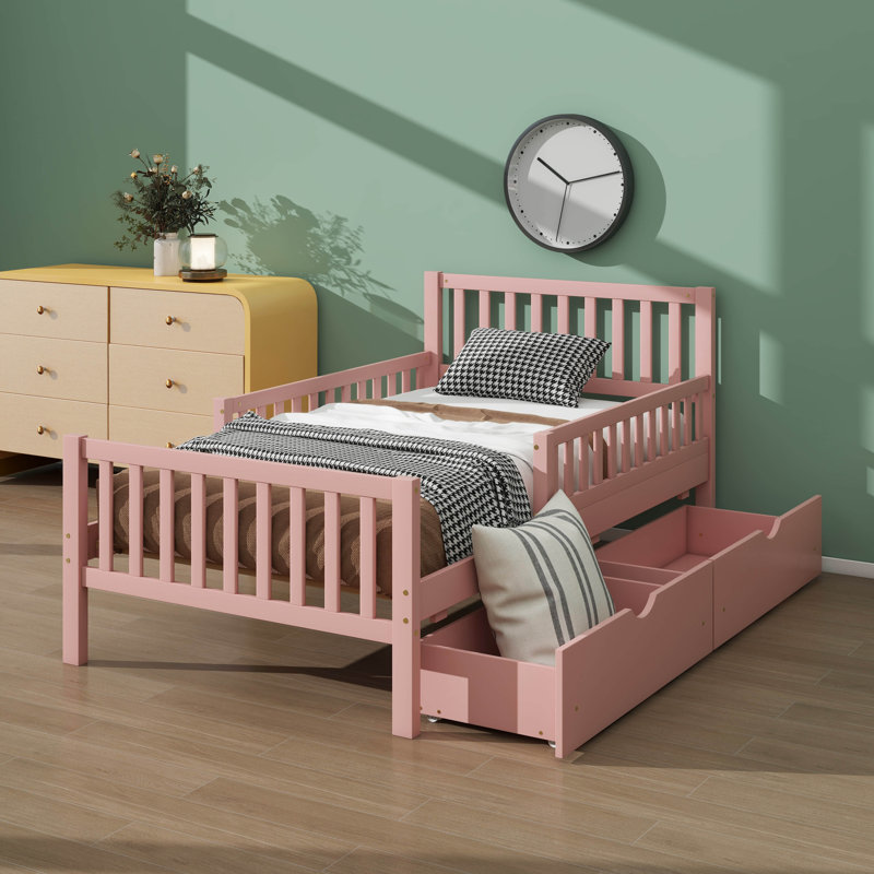 Lit plateforme simple en bois avec garde-corps double et double compartiment de rangement, Simple, Rose