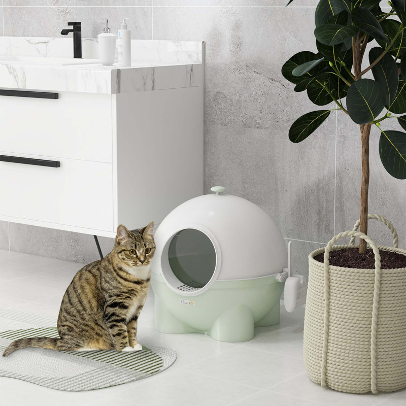 Litière à capuchon pour chat, grand bac à litière pour chat avec couvercle, pelle, pédale de sable qui fuit, poignée supérieure, vert clair
