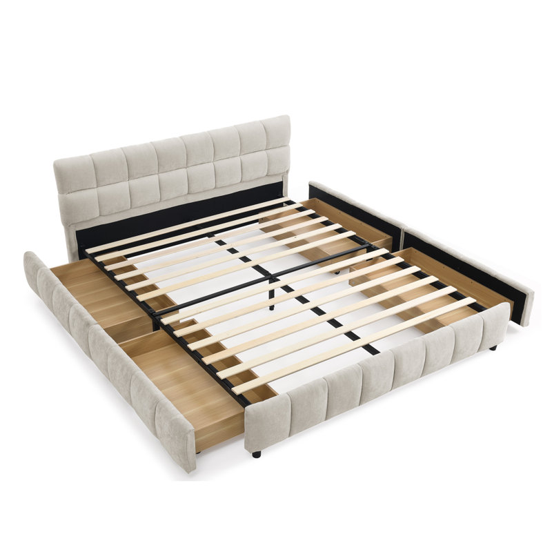 Grand lit de rangement en chenille beige, Beige