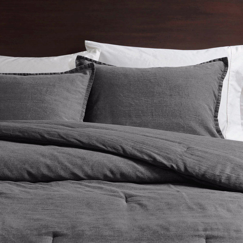 3PCS Full/Queen Twill Washed Comforter Set, Full/Double Comforter + 3 Additional Pieces, Black