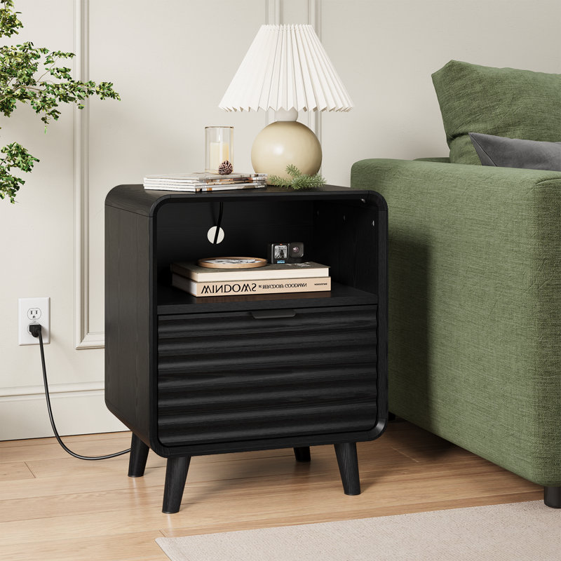 Modern End Table with Storage Cabinet & Built-in Charging Station for Living Room Bedroom, Walnut