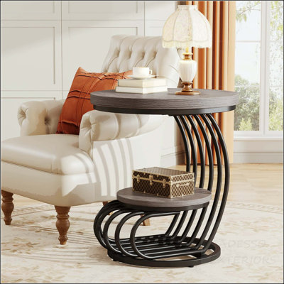 Table d'appoint ronde à 2 niveaux en faux marbre avec cadre doré