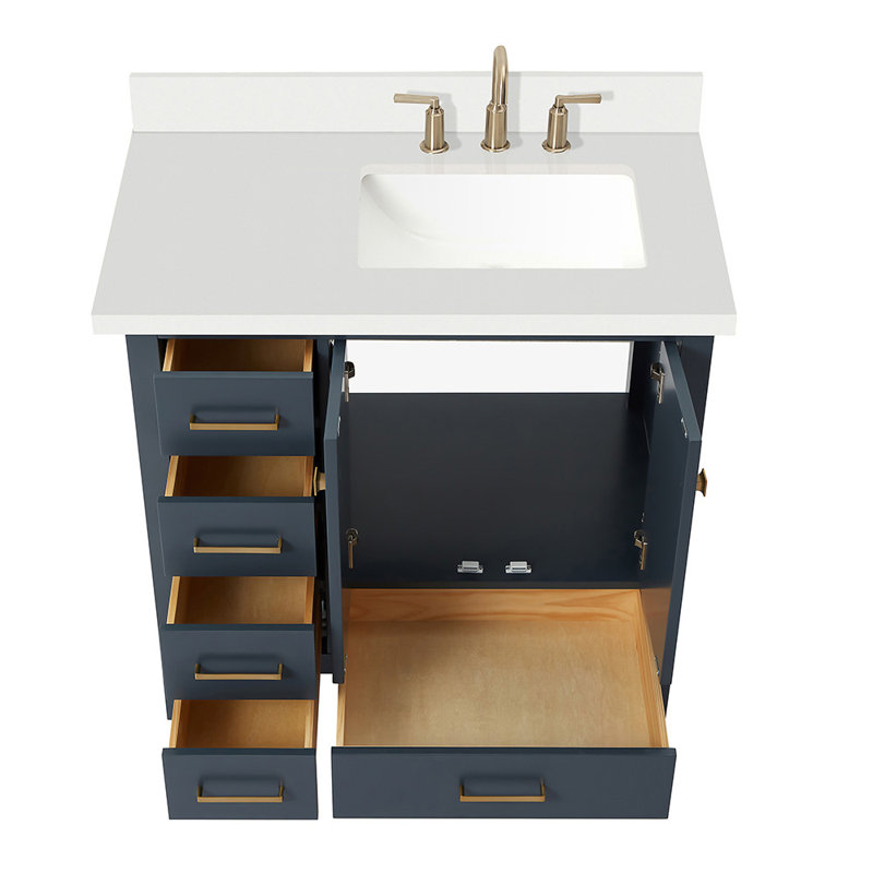 Cambridge 37'' W Single Vanity, Midnight Blue, Pure White Quartz, Satin Brass