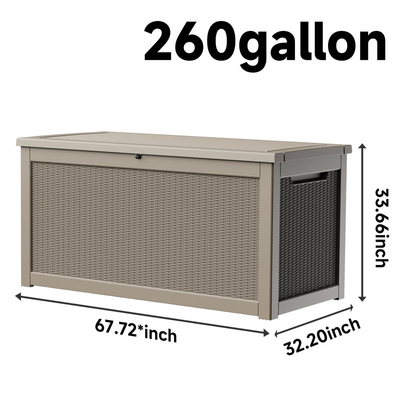 260 Gallon Rattan-style Lockable Deck Box With Hydraulic Soft-close Lid, Water Resistant Resin, Brown