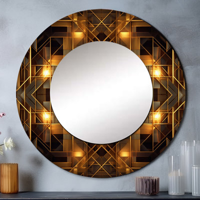 Or noir Fractal Tide V - miroir décoratif fractal, miroir mural rond doré, impression d'art en métal