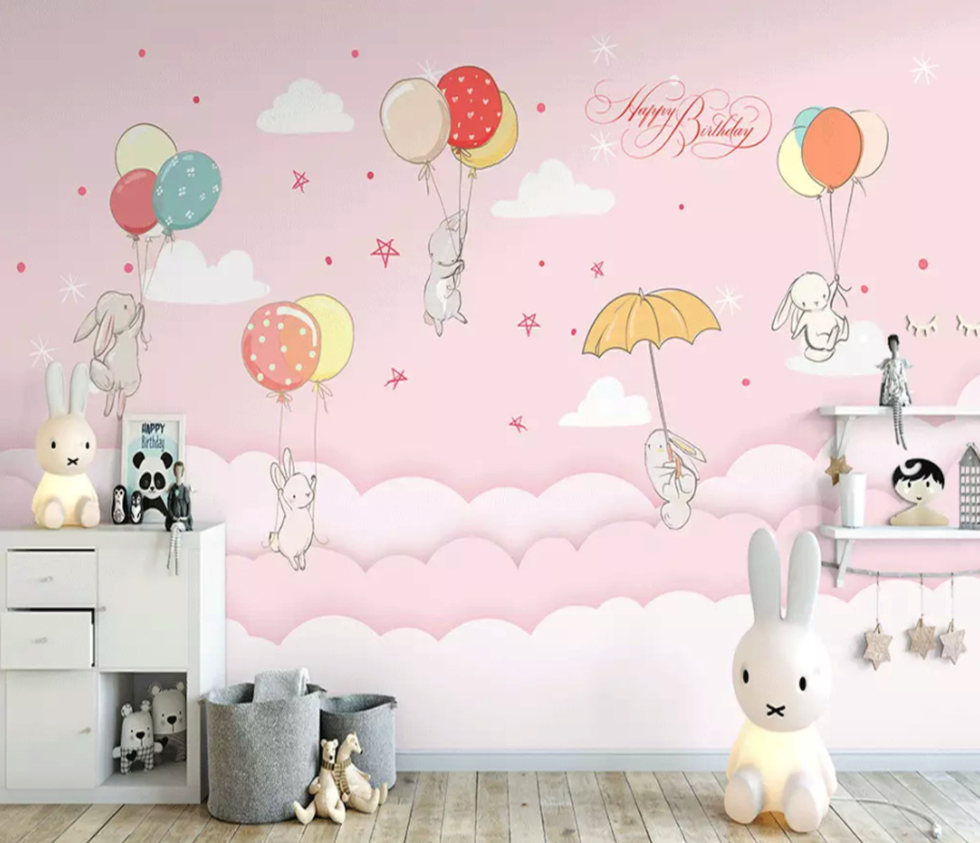 Zoomie Kids Cartoon Rabbit Pink Sky Landscape Removable Wallpaper | Wayfair
