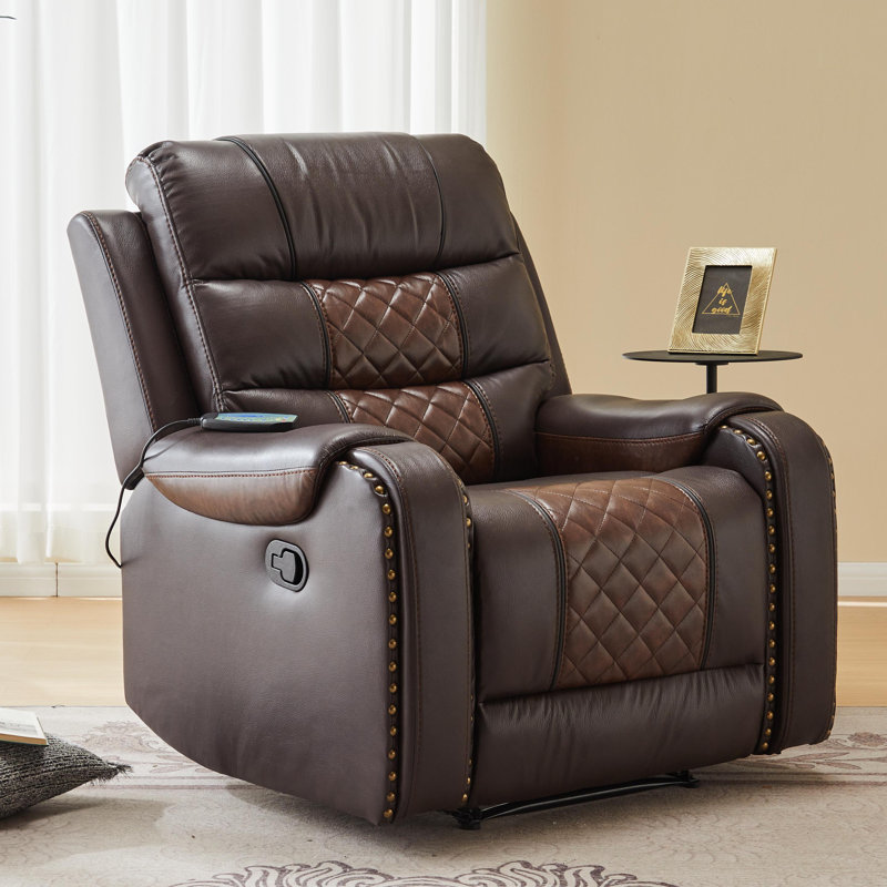 PU Leather Manual Massage and Heat Recliner Chair Single Sofa with Diamond Stitching, Brown